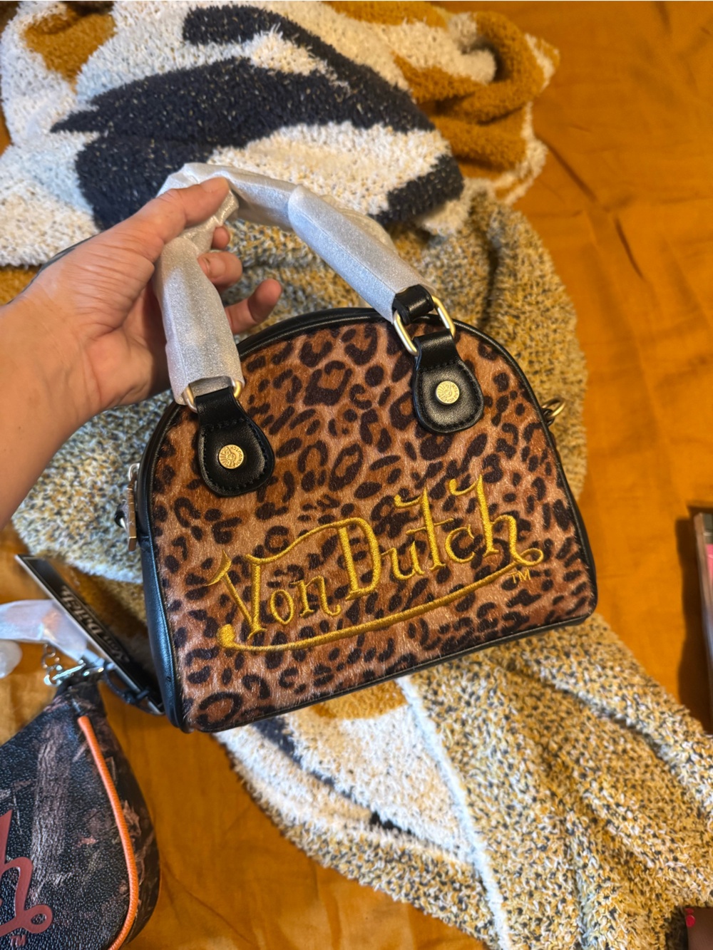 Von Dutch Leopard Print Crossbody Satchel with Gold Script